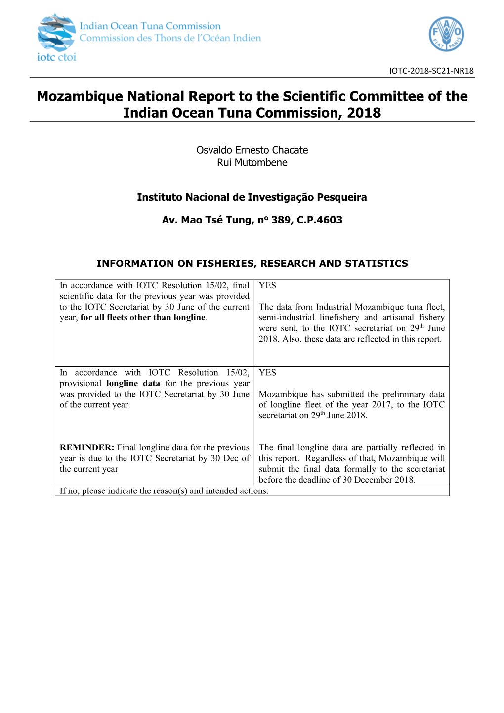 Mozambique National Report to the Scientific Committee of the Indian Ocean Tuna Commission, 2018