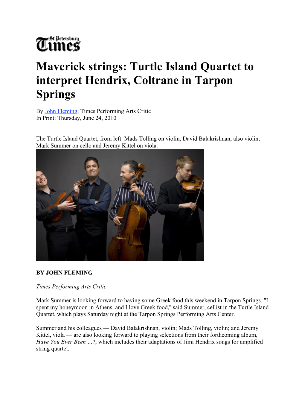 Turtle Island Quartet to Interpret Hendrix, Coltrane in Tarpon Springs