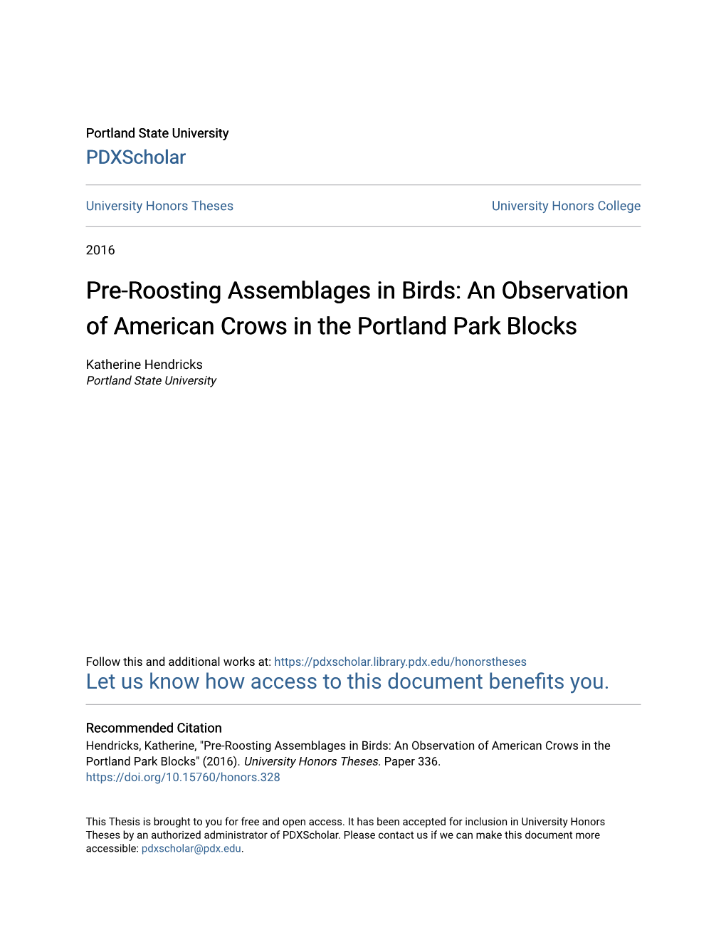 Pre-Roosting Assemblages in Birds: an Observation of American Crows in the Portland Park Blocks