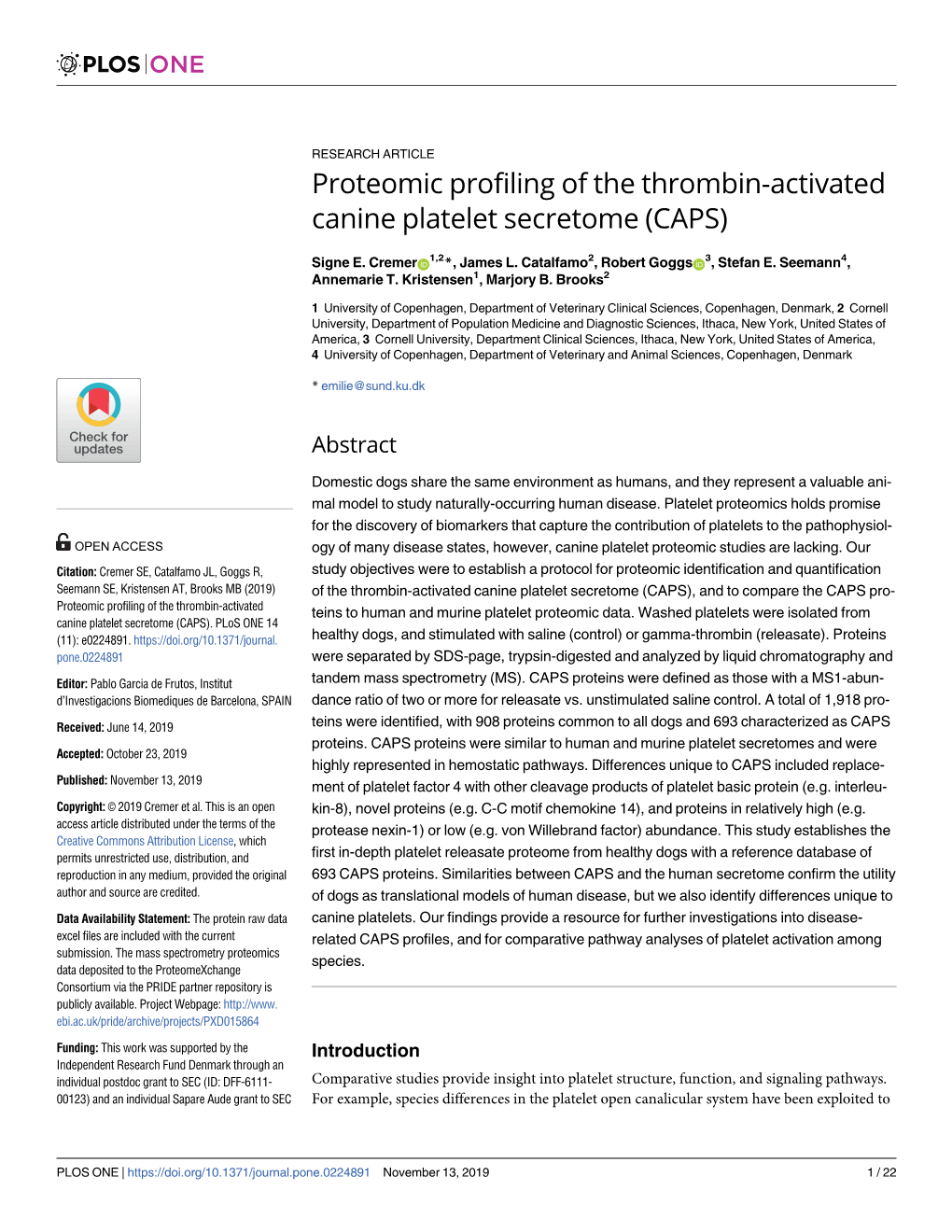 Proteomic Profiling of the Thrombin-Activated Canine Platelet Secretome (CAPS)