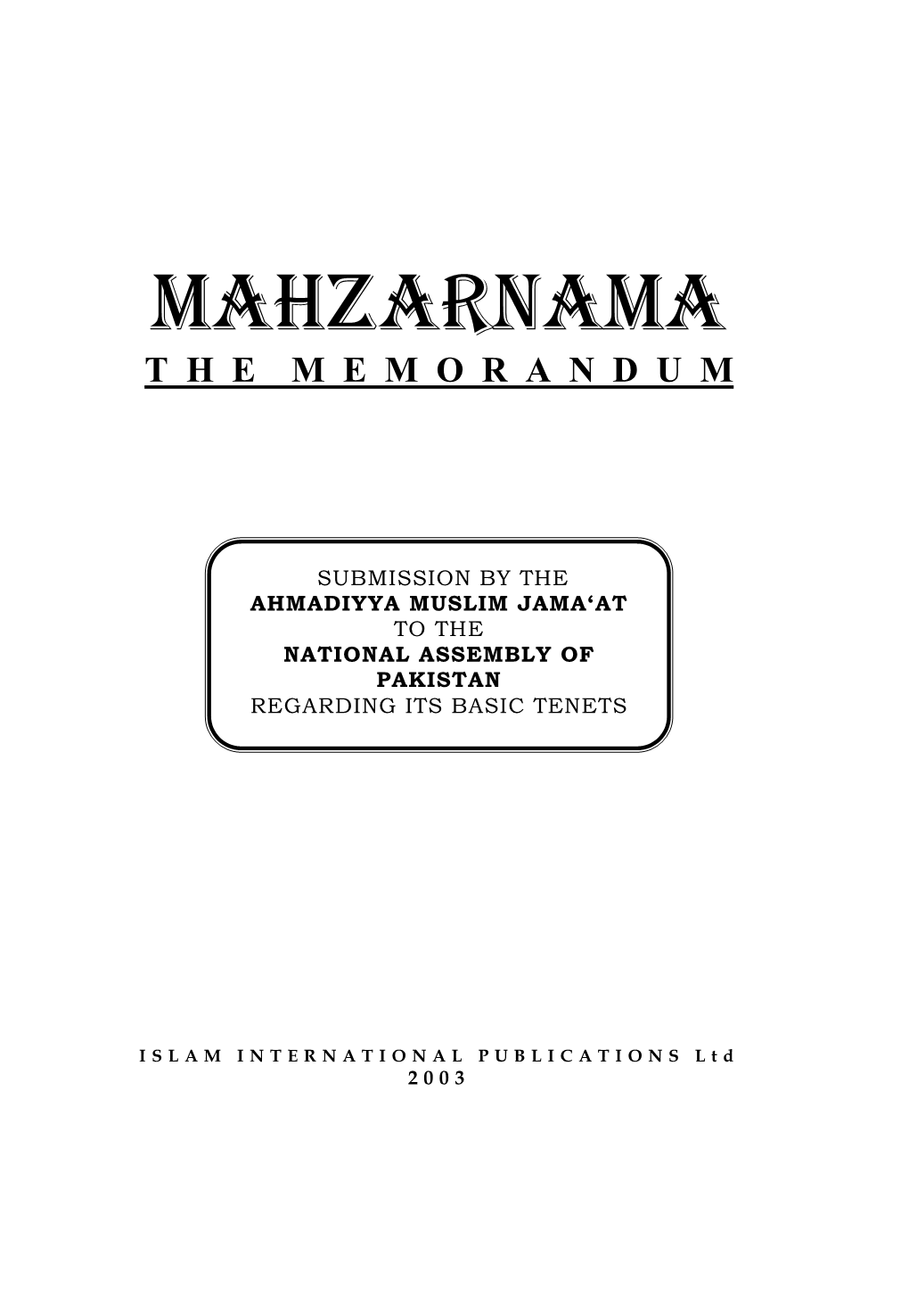 Mahzarnama T H E M E M O R a N D U M