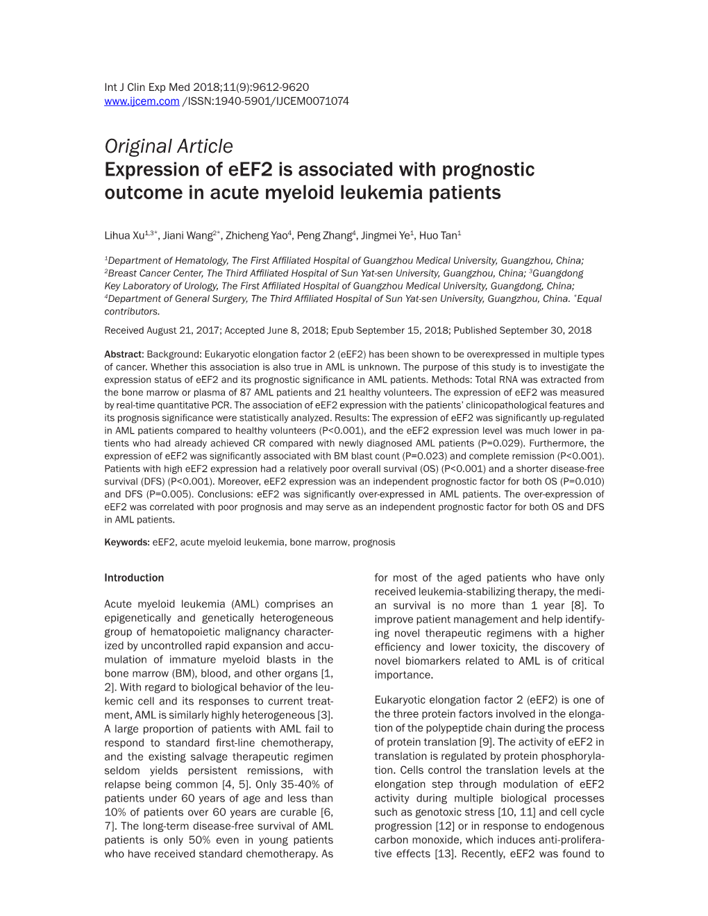 Original Article Expression of Eef2 Is Associated with Prognostic Outcome in Acute Myeloid Leukemia Patients