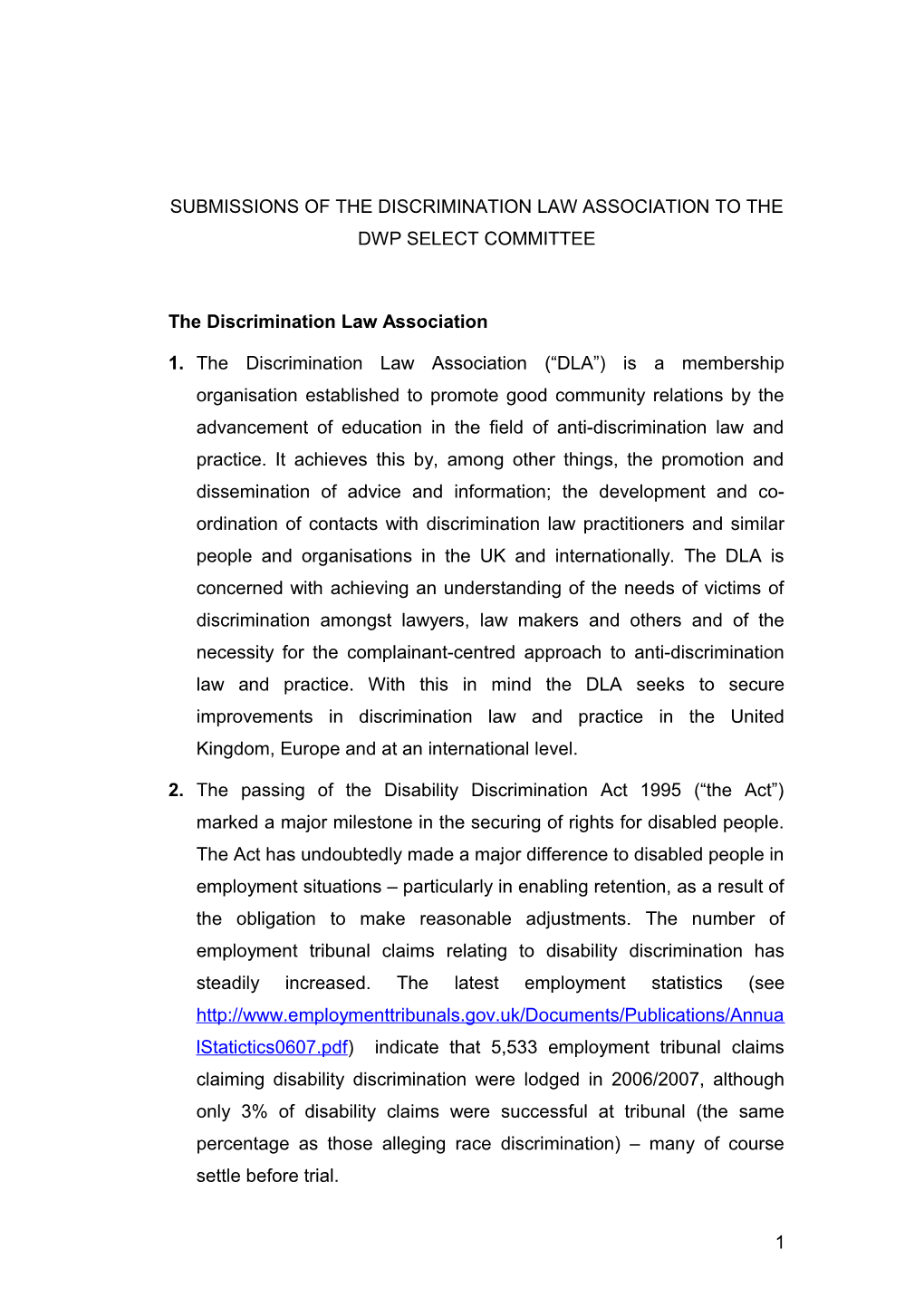 Submissions of the Discrimination Law Association to the Dwp Select Committee