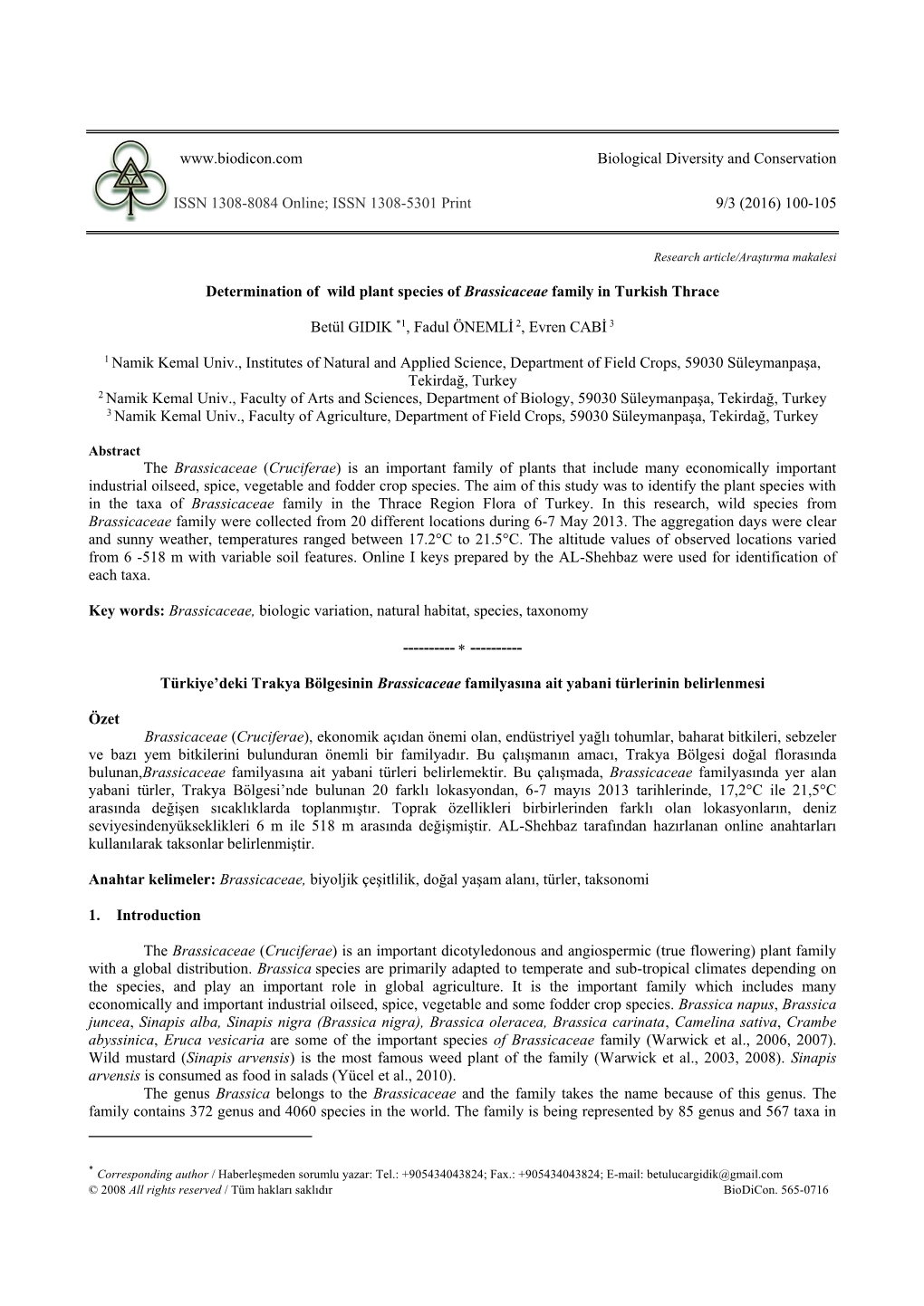 Determination of Wild Plant Species of Brassicaceae Family in Turkish Thrace