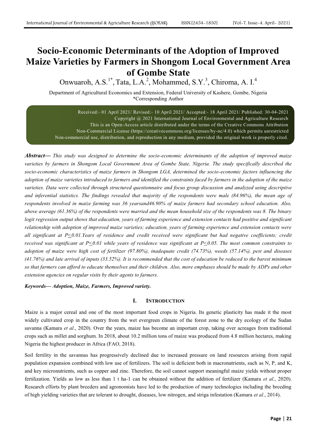 Socio-Economic Determinants of the Adoption of Improved Maize