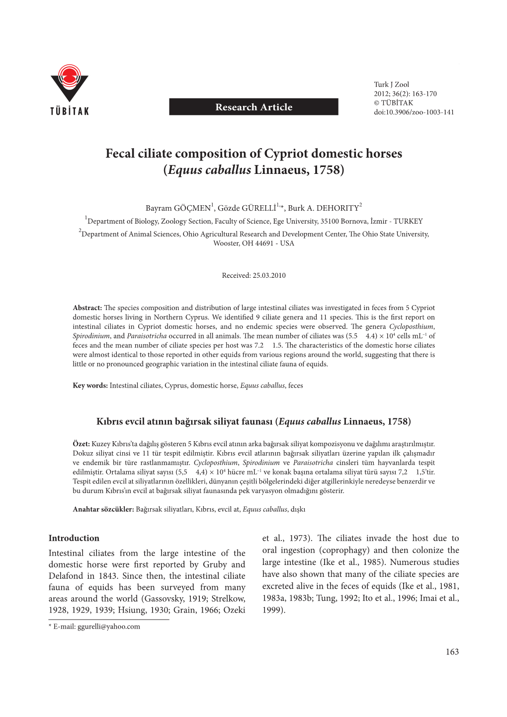 Fecal Ciliate Composition of Cypriot Domestic Horses (Equus Caballus Linnaeus, 1758)