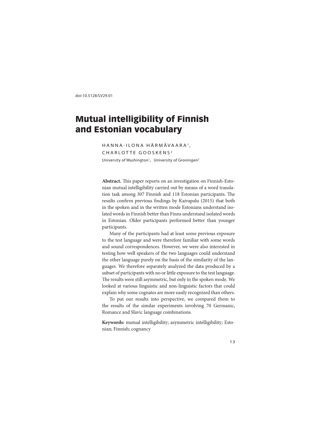 Mutual Intelligibility of Finnish and Estonian Vocabulary