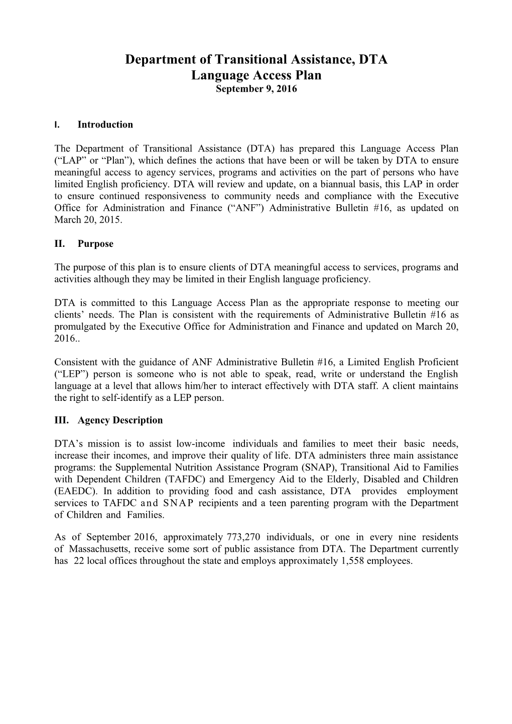 Department of Transitional Assistance Language Access Plan 2013