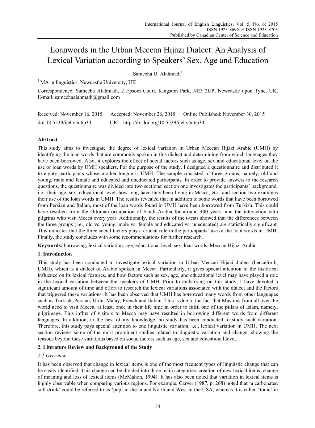 Loanwords in the Urban Meccan Hijazi Dialect: an Analysis of Lexical Variation According to Speakers’ Sex, Age and Education