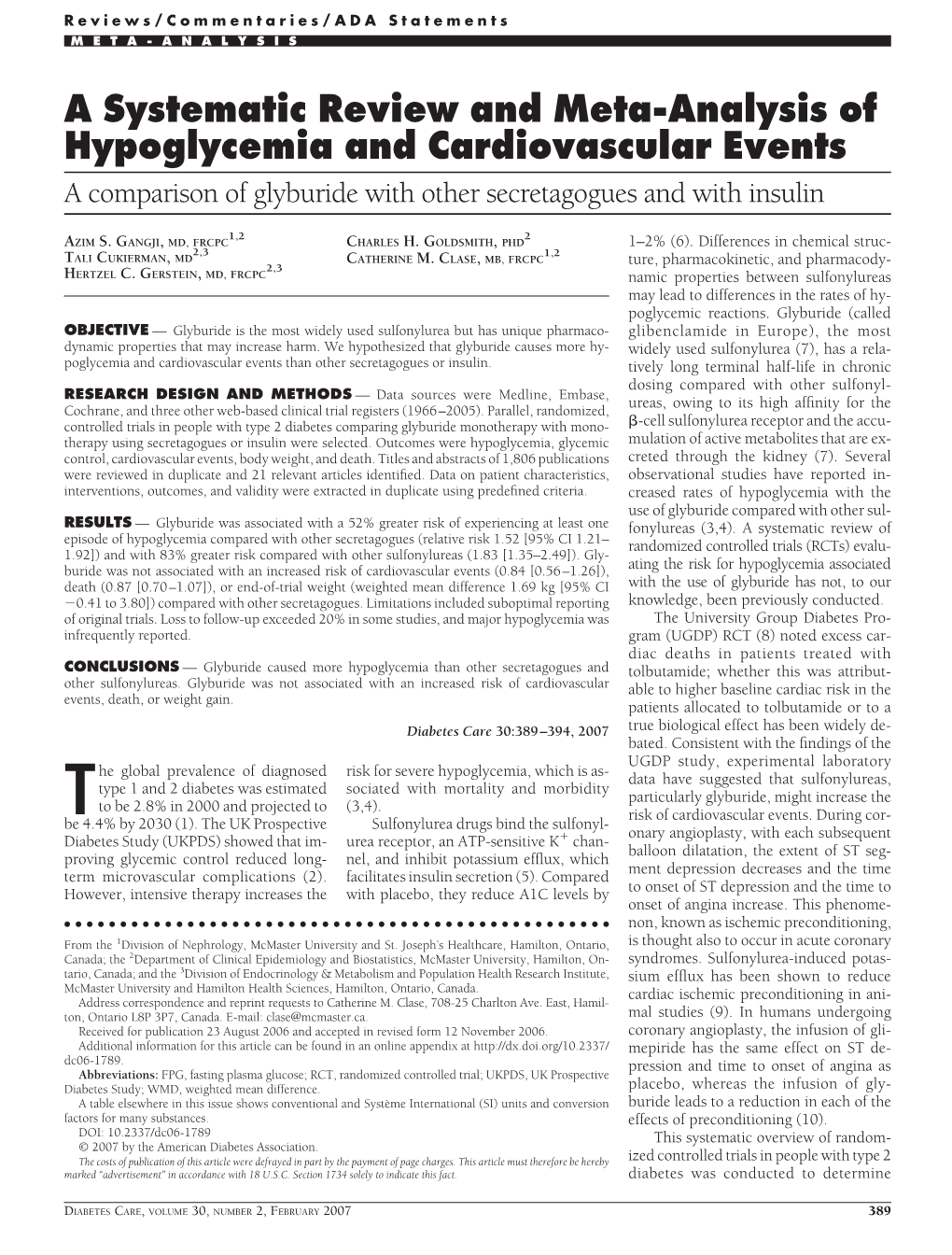 A Systematic Review and Meta-Analysis of Hypoglycemia and Cardiovascular Events a Comparison of Glyburide with Other Secretagogues and with Insulin