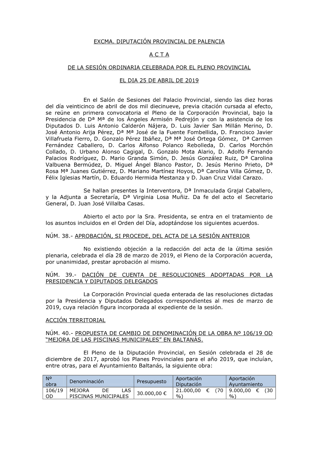 Acta Pleno Ordinario De 25 De Abril De 2019