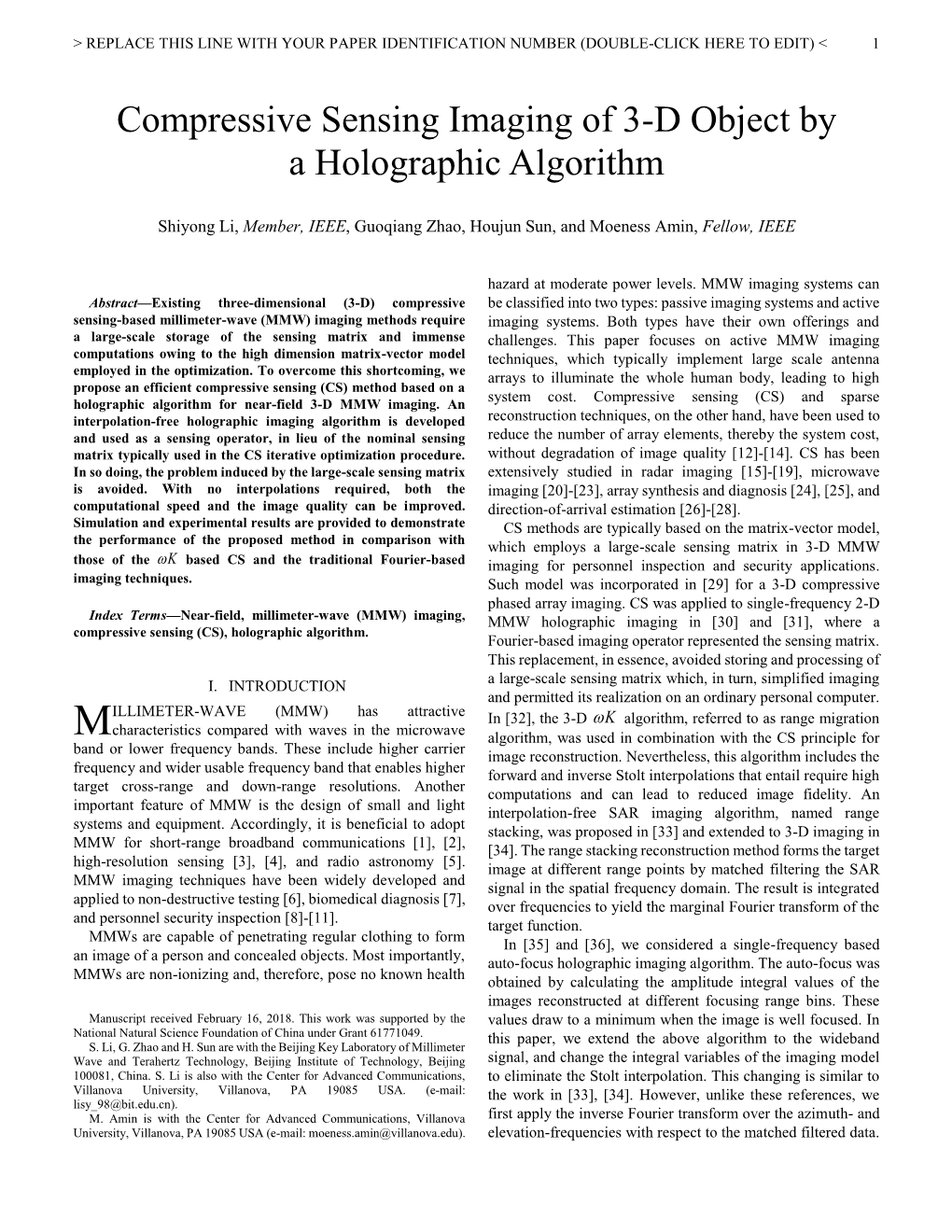 Compressive Sensing Imaging of 3-D Object by a Holographic Algorithm