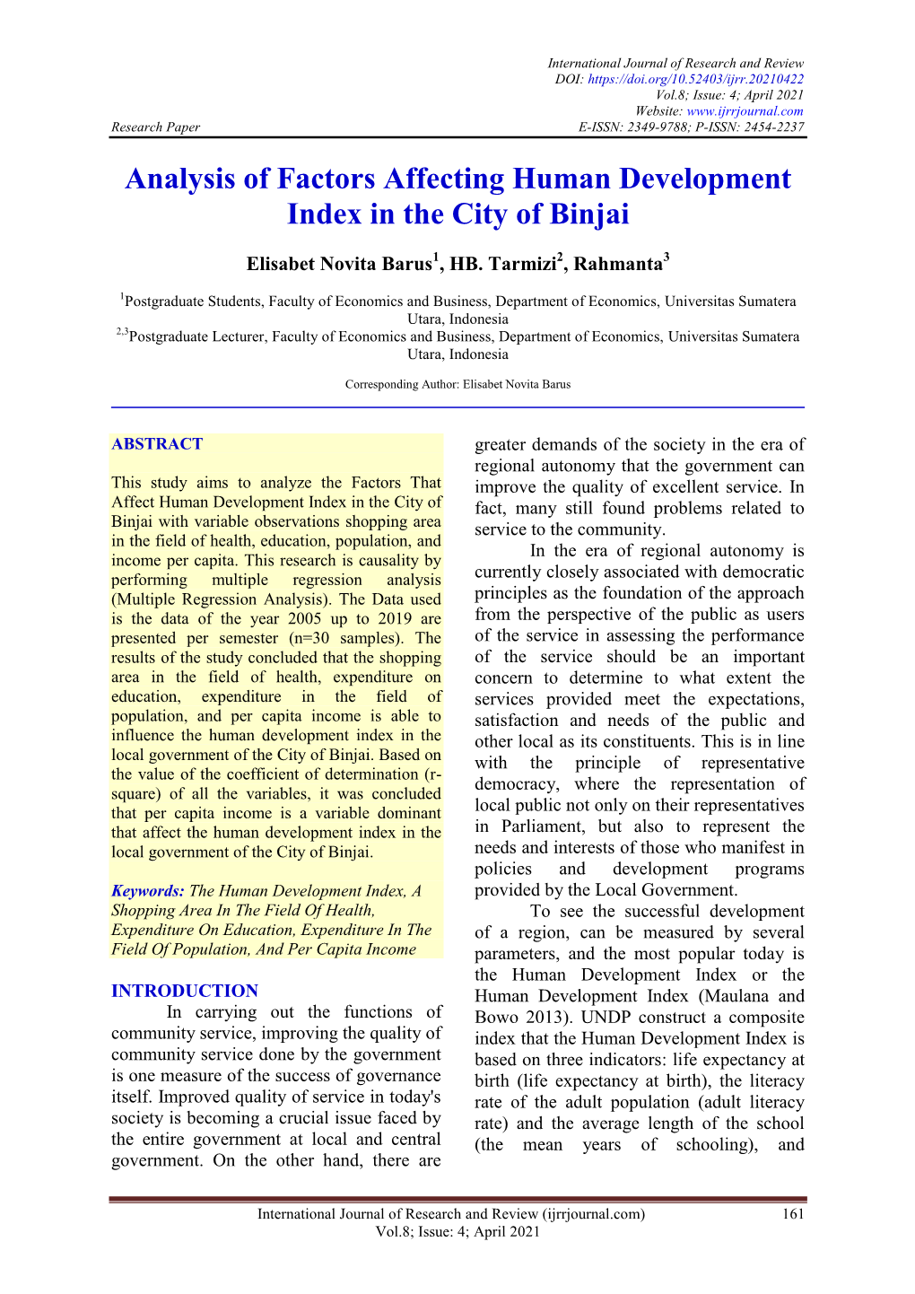 Analysis of Factors Affecting Human Development Index in the City of Binjai