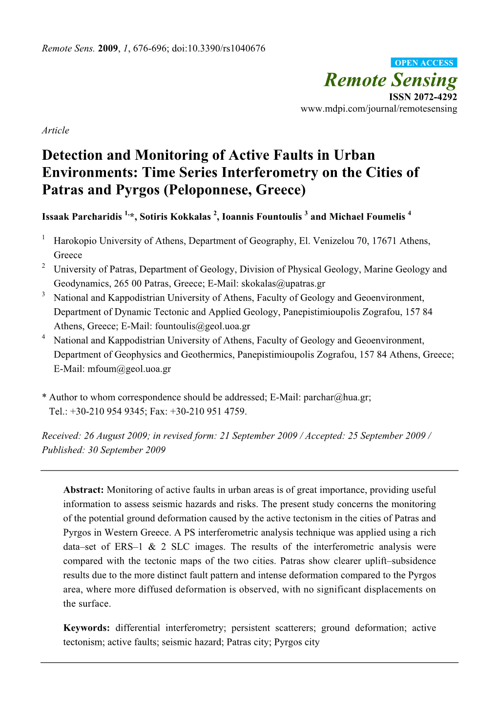 Detection and Monitoring of Active Faults in Urban Environments: Time Series Interferometry on the Cities of Patras and Pyrgos (Peloponnese, Greece)