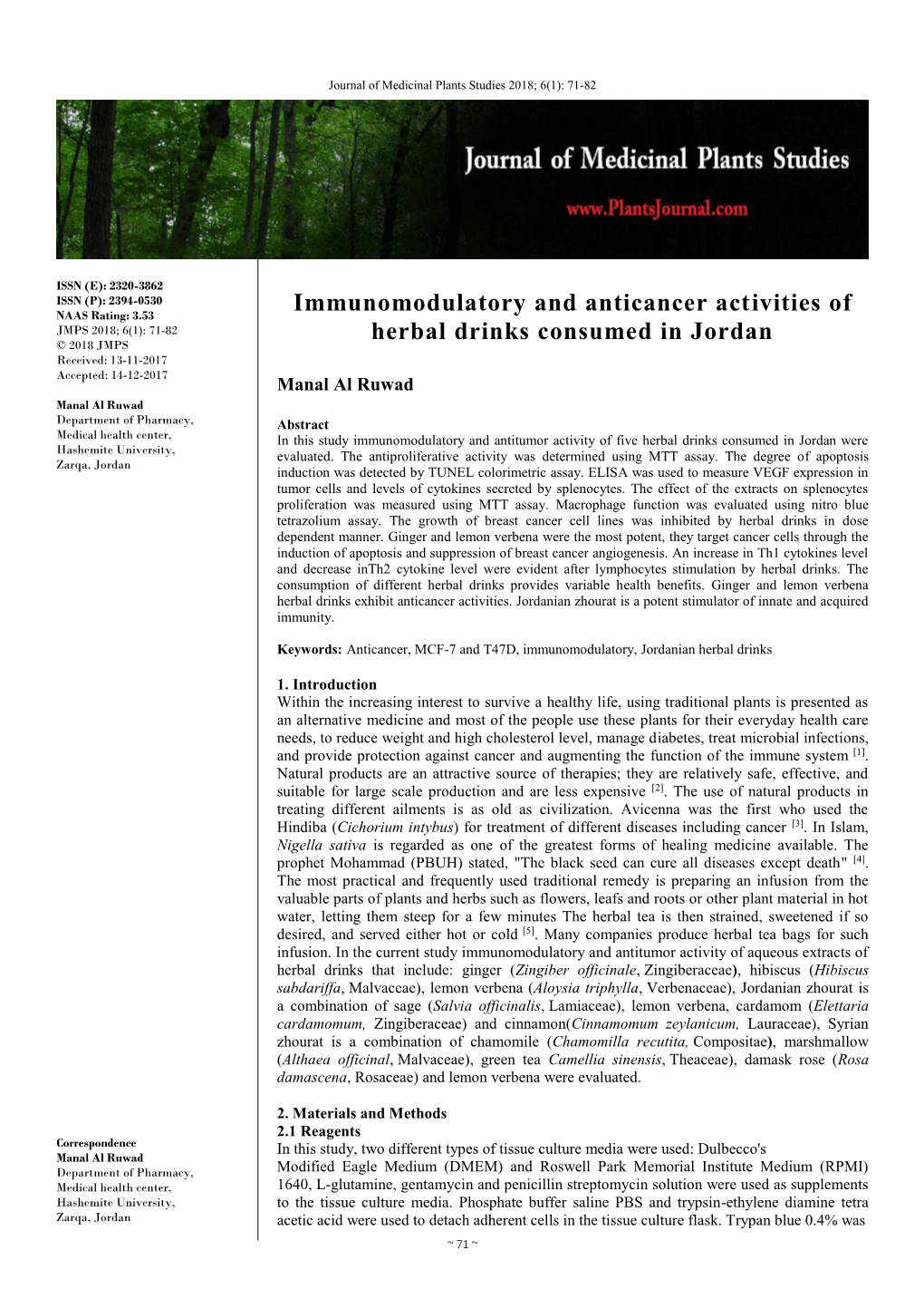 Immunomodulatory and Anticancer Activities of Herbal Drinks Consumed