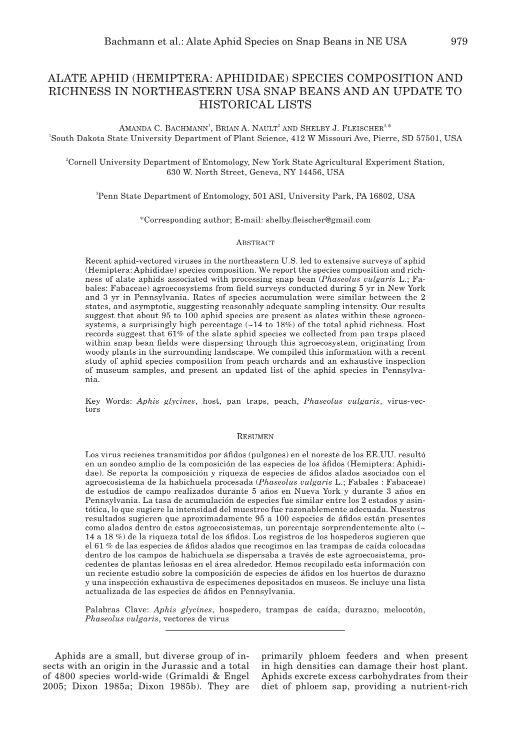 Alate Aphid (Hemiptera: Aphididae) Species Composition and Richness in Northeastern Usa Snap Beans and an Update to Historical Lists