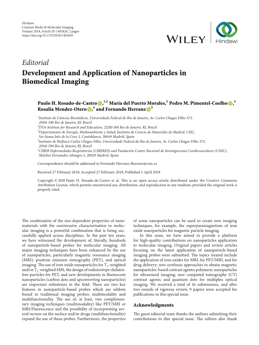 Editorial Development and Application of Nanoparticles in Biomedical Imaging