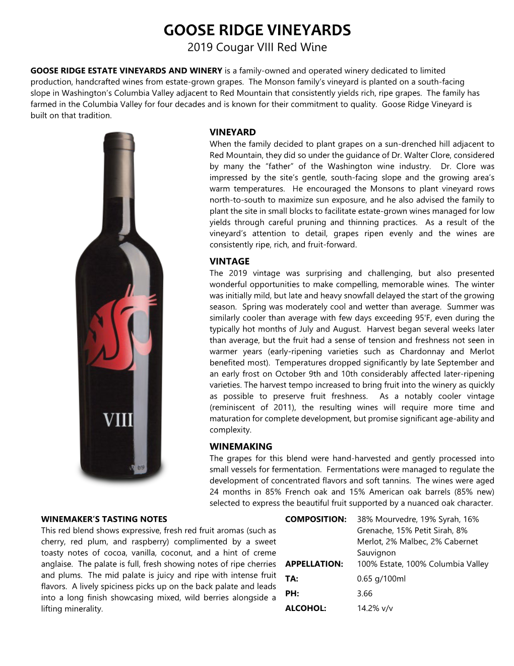 GOOSE RIDGE VINEYARDS 2019 Cougar VIII Red Wine