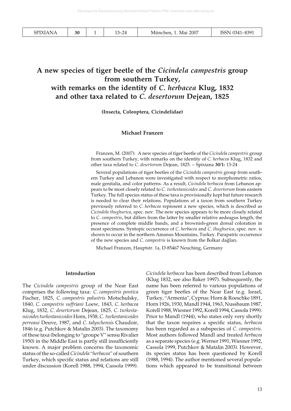 A New Species of Tiger Beetle of the Cicindela Campestris Group from Southern Turkey, with Remarks on the Identity of C