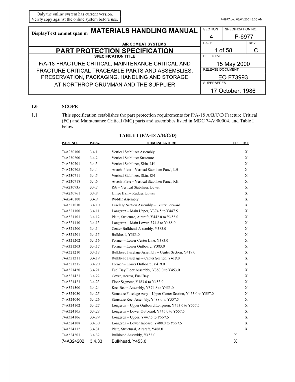 F-18A Fracture and Maintenance Critical Parts