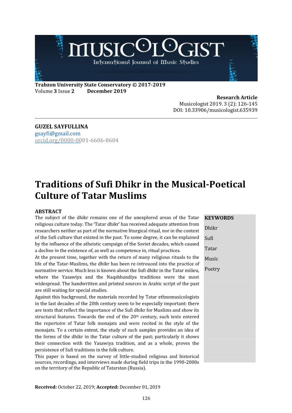 Traditions of Sufi Dhikr in the Musical-Poetical Culture of Tatar Muslims
