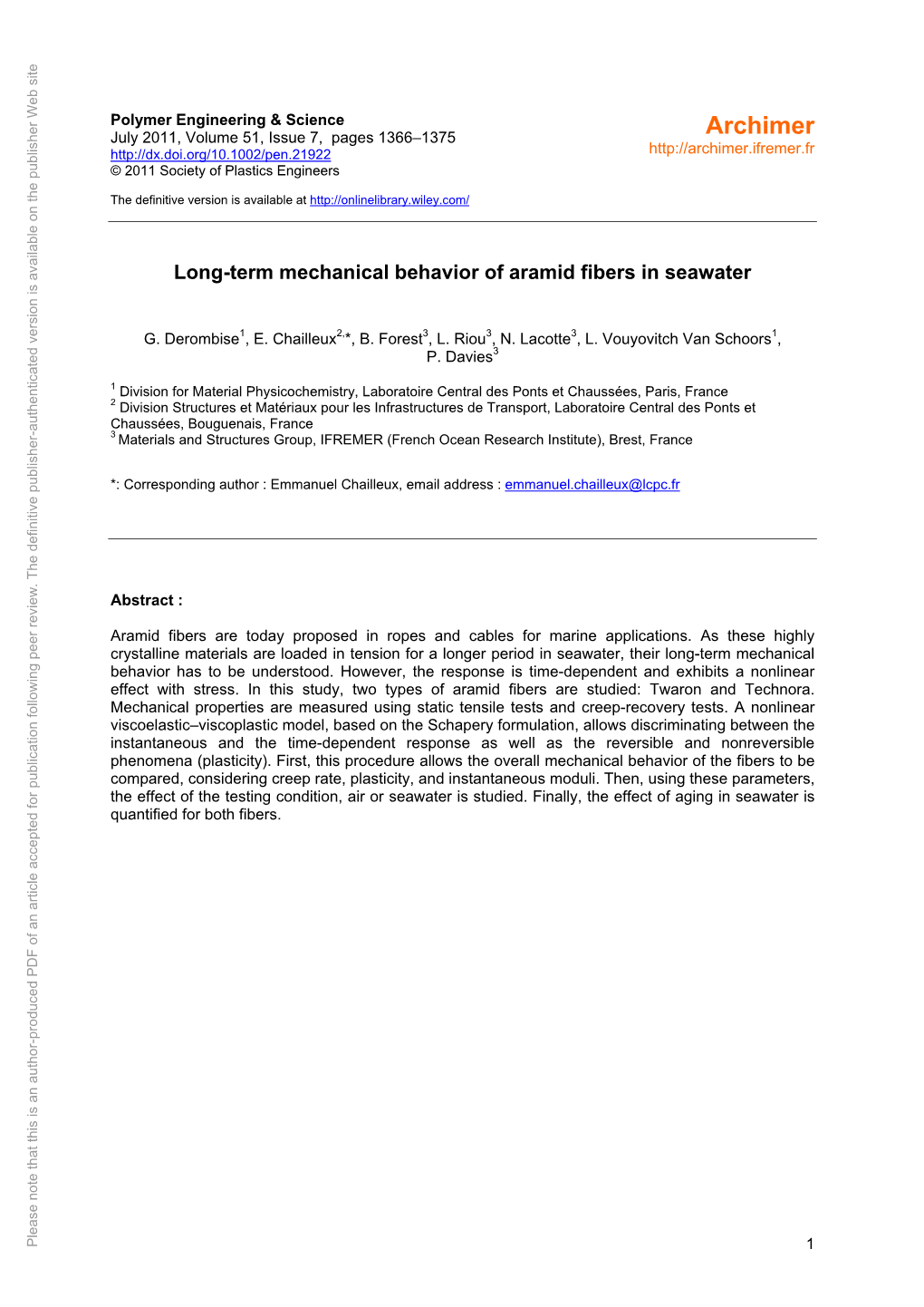 Long-Term Mechanical Behavior of Aramid Fibers in Seawater