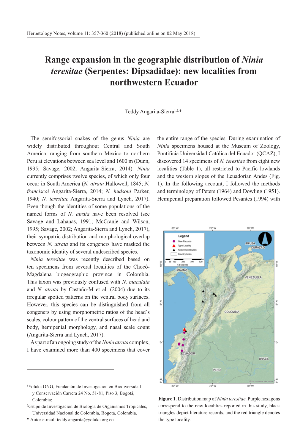 Range Expansion in the Geographic Distribution of Ninia Teresitae (Serpentes: Dipsadidae): New Localities from Northwestern Ecuador