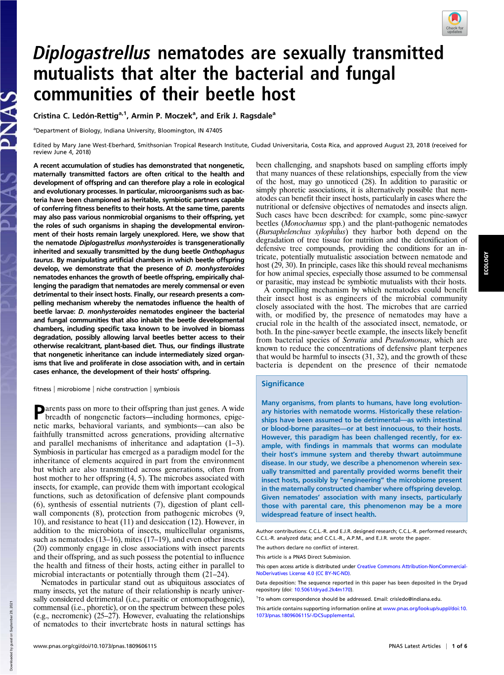 Diplogastrellus Nematodes Are Sexually Transmitted Mutualists That Alter the Bacterial and Fungal Communities of Their Beetle Host