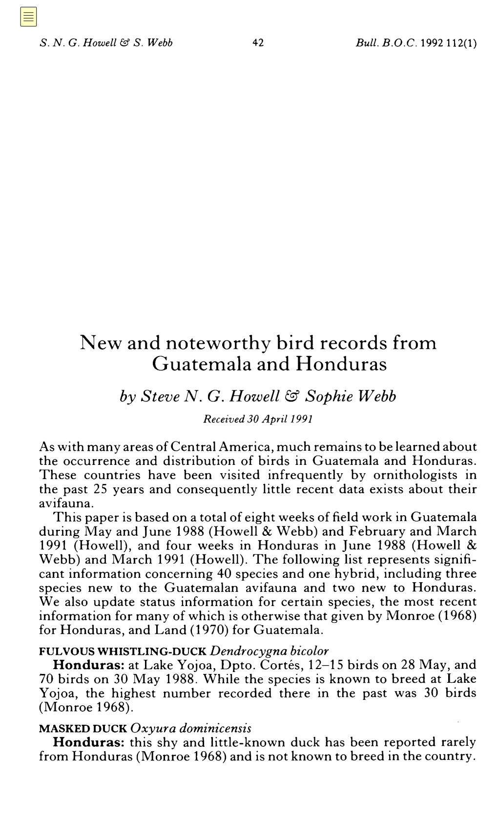 New and Noteworthy Bird Records from Guatemala and Honduras