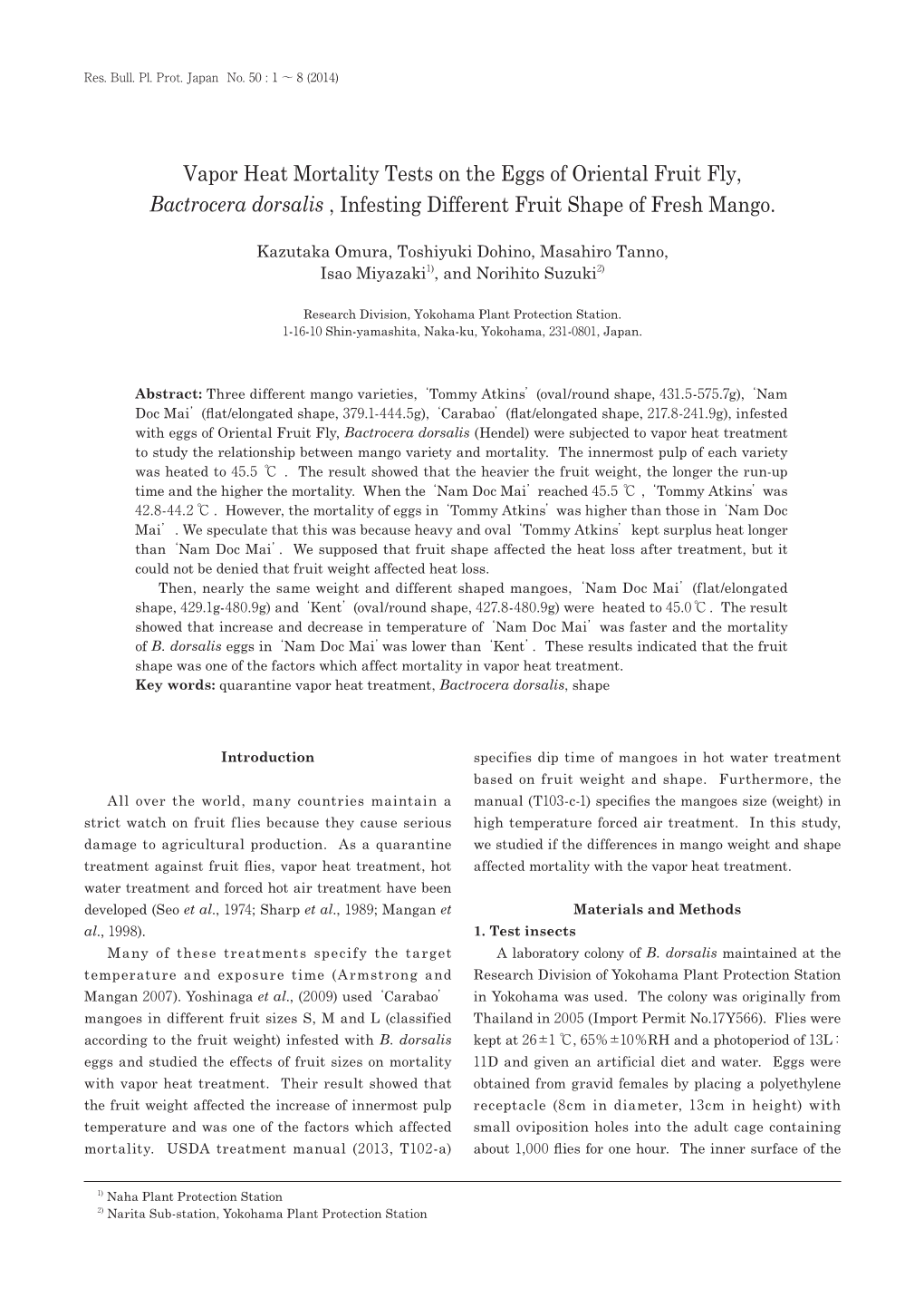 Vapor Heat Mortality Tests on the Eggs of Oriental Fruit Fly, Bactrocera Dorsalis , Infesting Different Fruit Shape of Fresh Mango