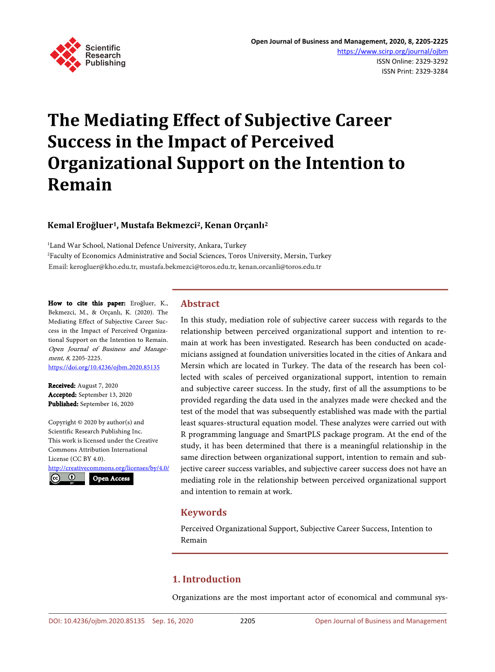 The Mediating Effect of Subjective Career Success in the Impact of Perceived Organizational Support on the Intention to Remain