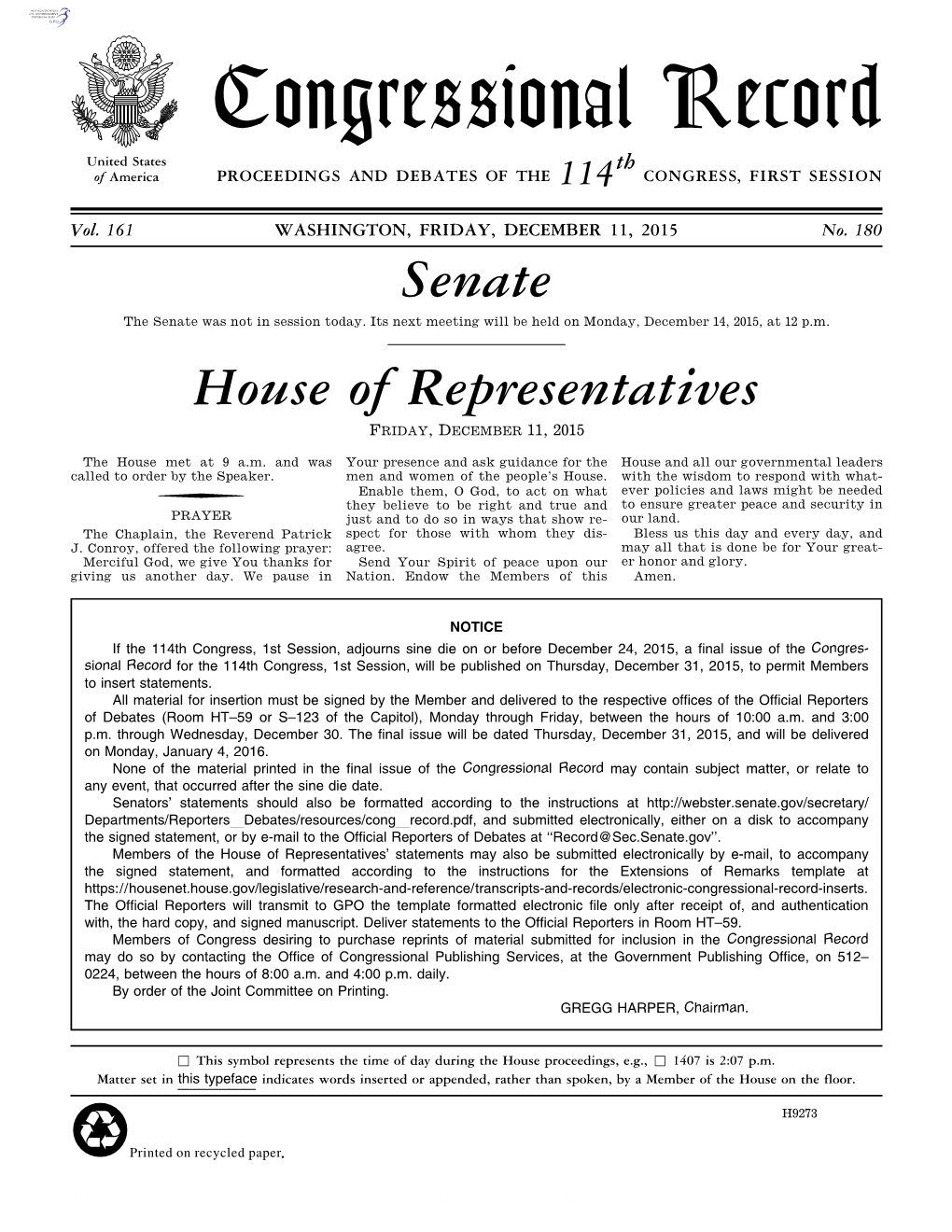 Congressional Record United States Th of America PROCEEDINGS and DEBATES of the 114 CONGRESS, FIRST SESSION