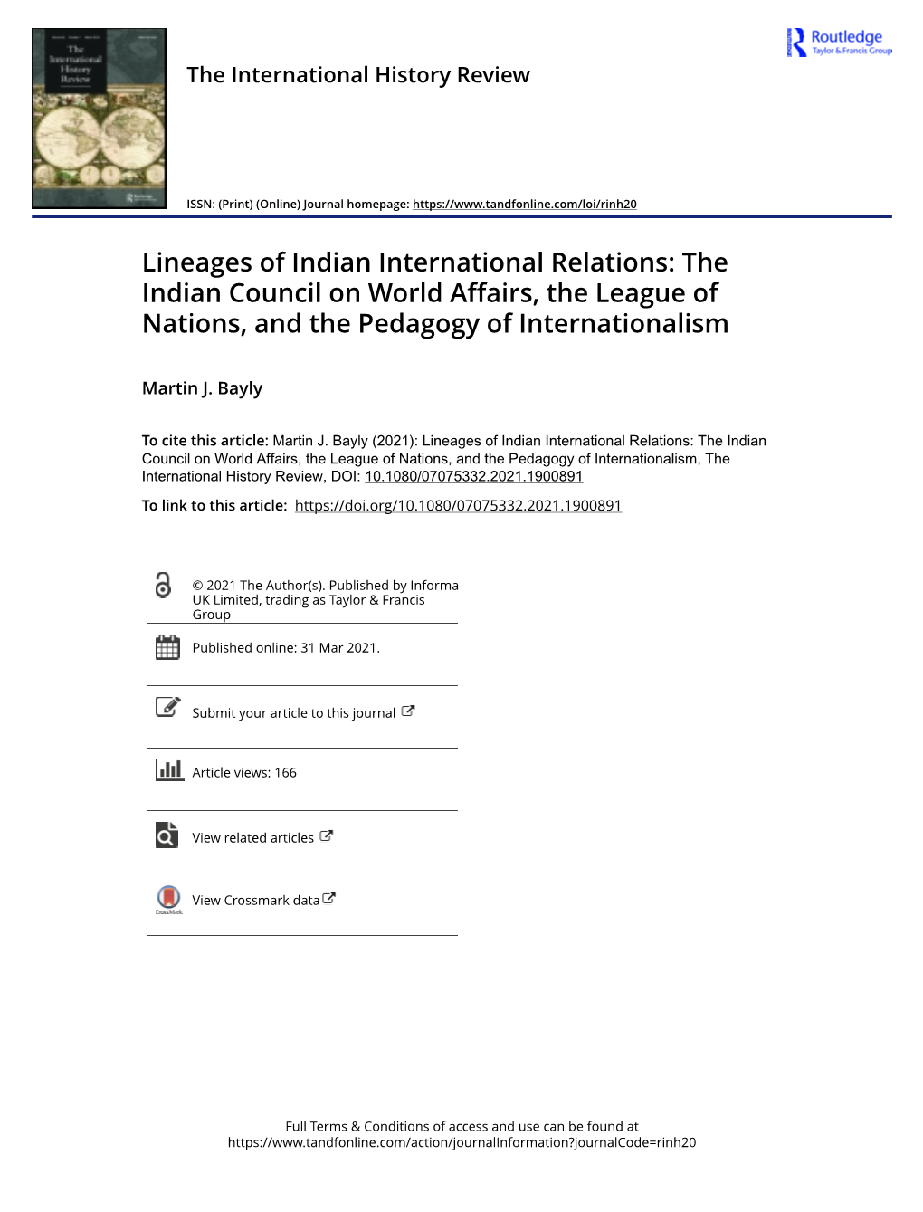 Lineages of Indian International Relations: the Indian Council on World Affairs, the League of Nations, and the Pedagogy of Internationalism