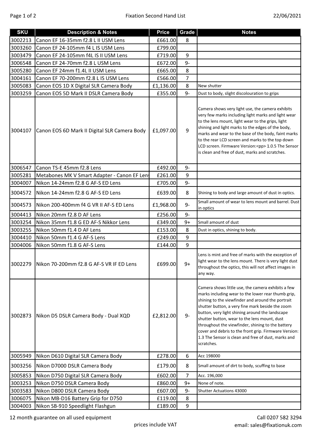 Page 1 of 2 Fixation Second Hand List 22/06/2021 3002213 Canon EF 16