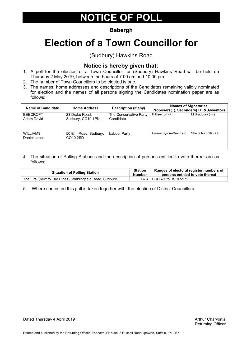 NOTICE of POLL Election of a Town Councillor