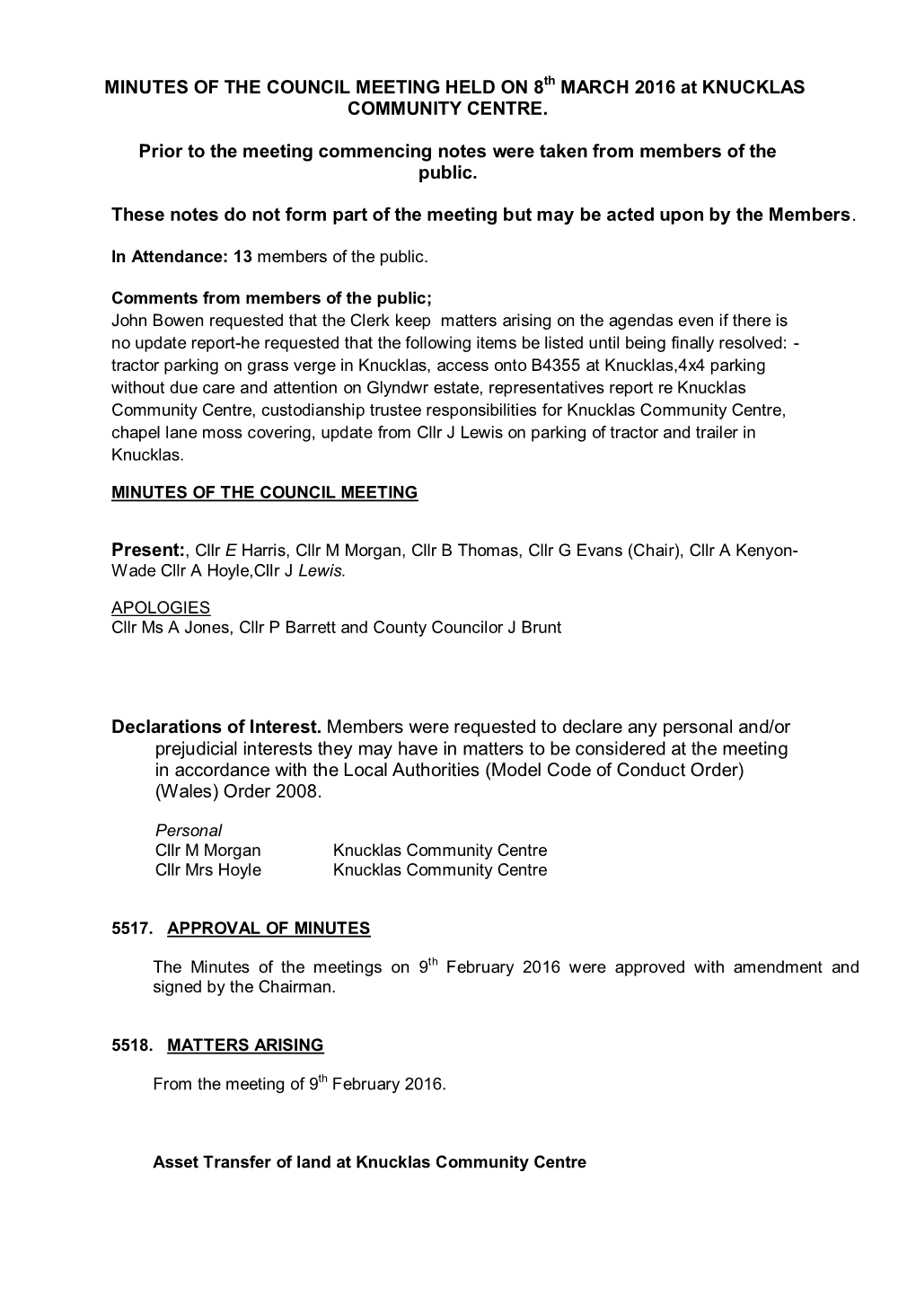 Minutes of the Council Meeting Held on 8 March