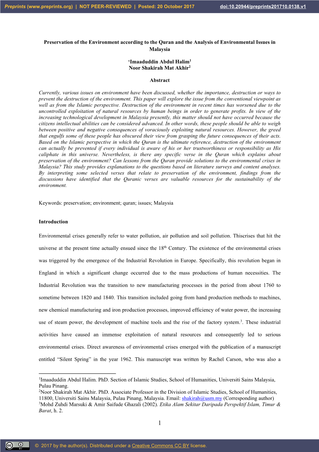 Preservation of the Environment According to the Quran and the Analysis of Environmental Issues in Malaysia