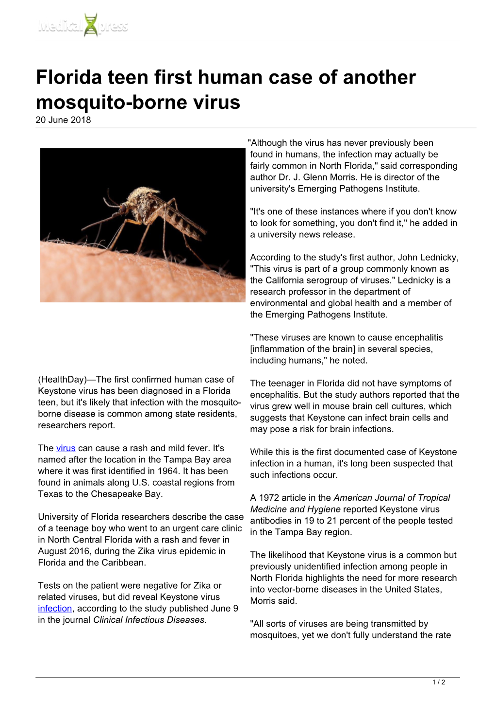 Florida Teen First Human Case of Another Mosquito-Borne Virus 20 June 2018