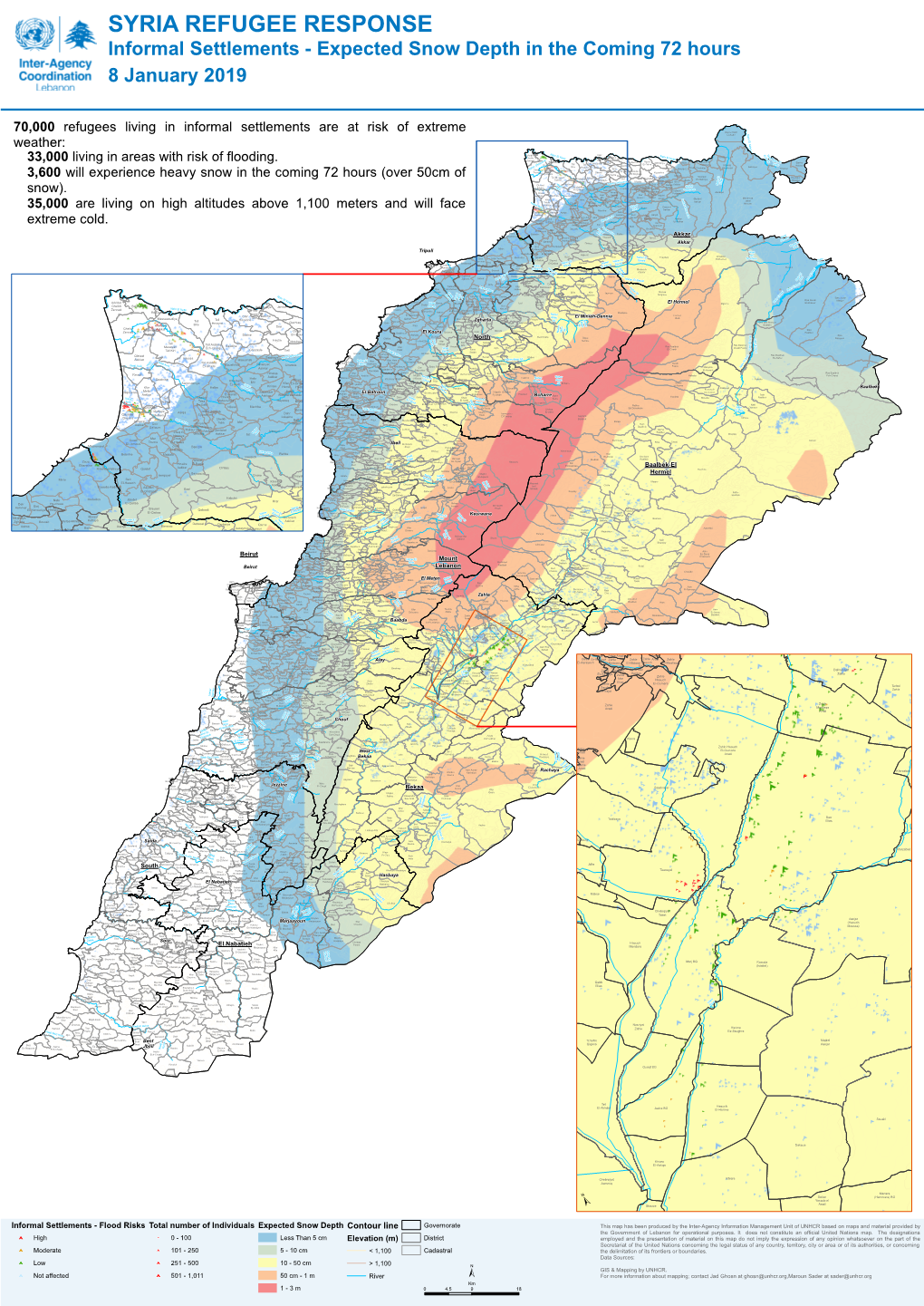 SYRIA REFUGEE RESPONSE Informal Settlements - Expected Snow Depth in the Coming 72 Hours 8 January 2019