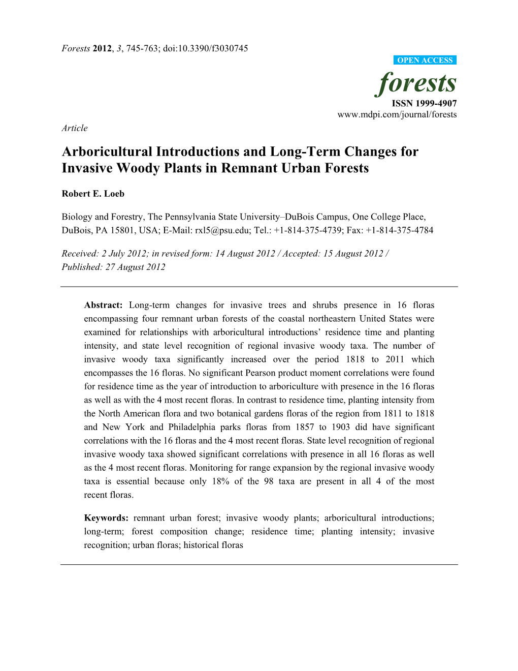 Arboricultural Introductions and Long-Term Changes for Invasive Woody Plants in Remnant Urban Forests