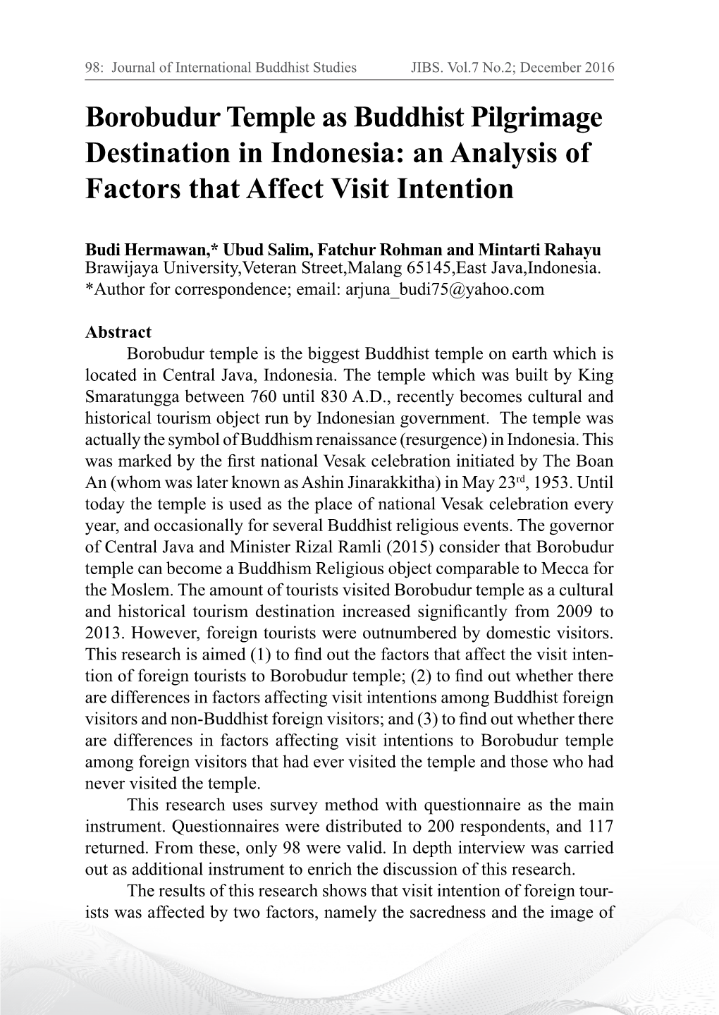 Borobudur Temple As Buddhist Pilgrimage Destination in Indonesia: an Analysis of Factors That Affect Visit Intention