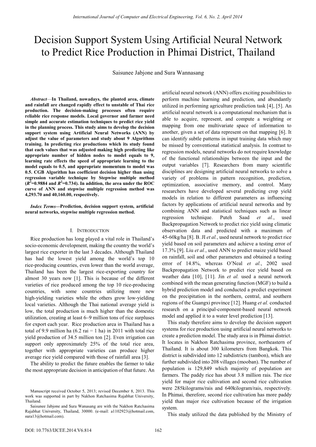 Decision Support System Using Artificial Neural Network to Predict Rice Production in Phimai District, Thailand