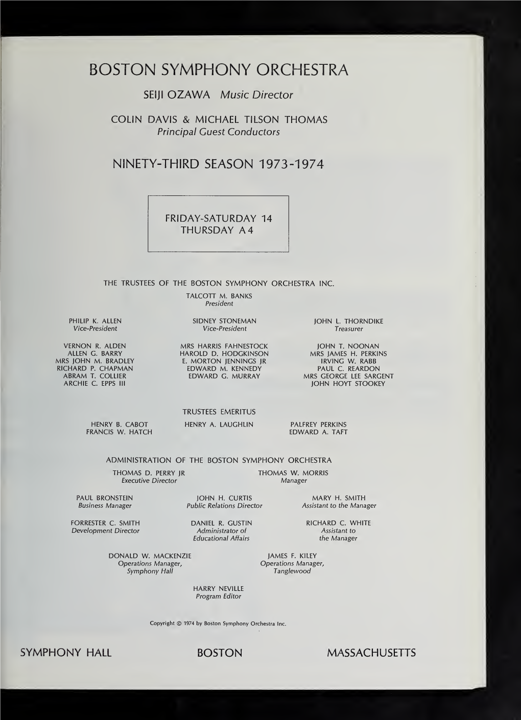 Boston Symphony Orchestra Concert Programs, Season 93, 1973-1974, Subscription