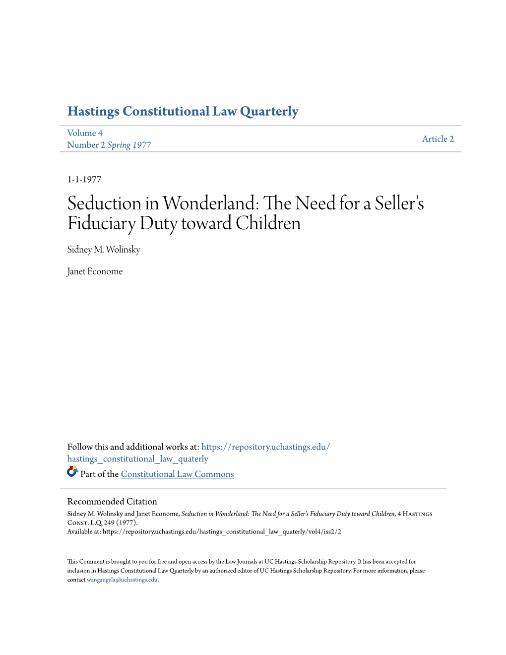 Seduction in Wonderland: the Need for a Seller's Fiduciary Duty Toward Children, 4 Hastings Const