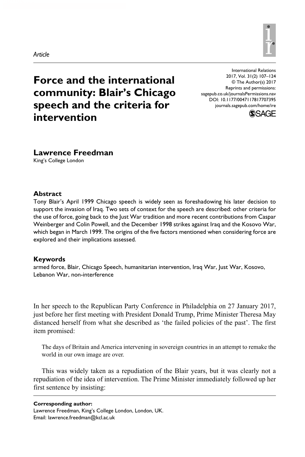 Blair's Chicago Speech and the Criteria for Intervention