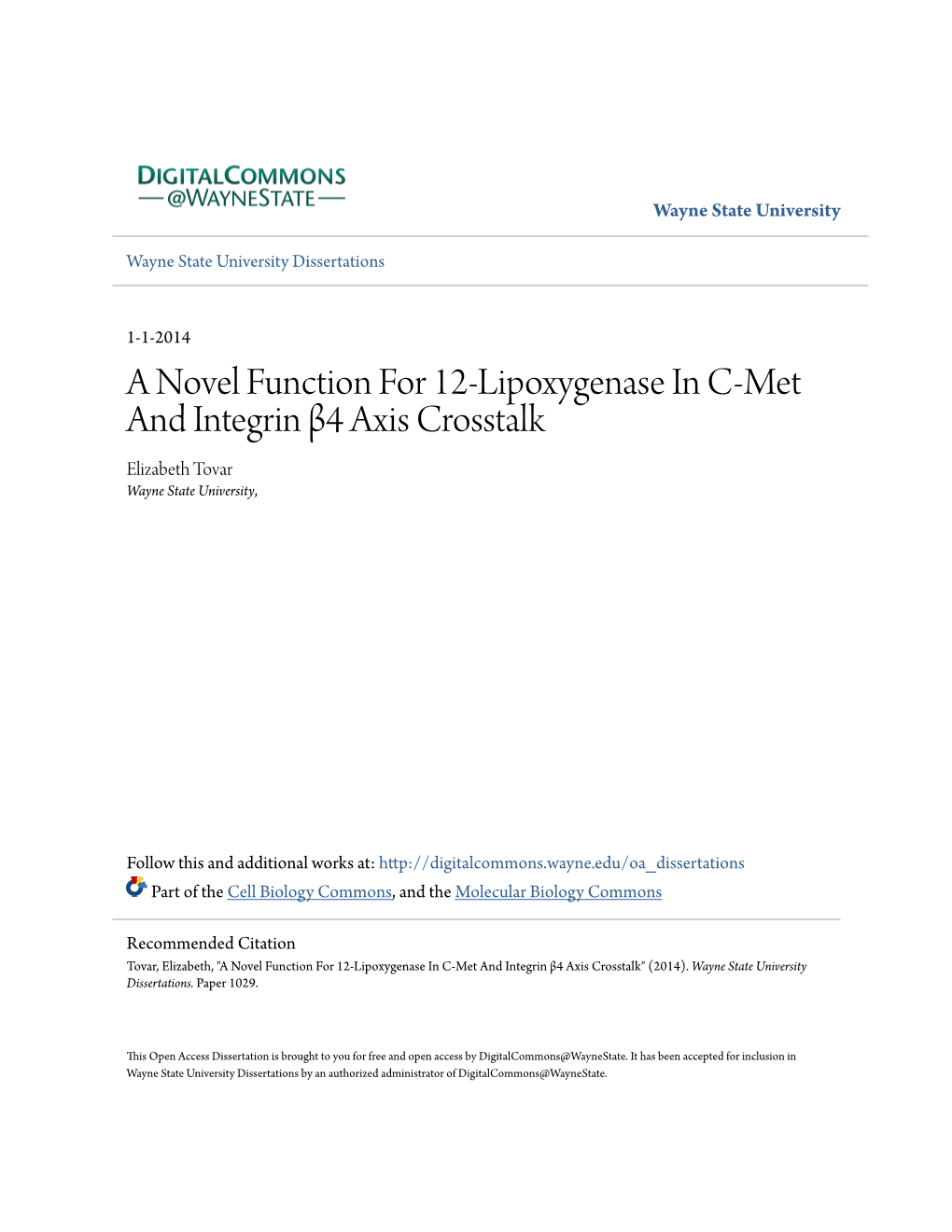 A Novel Function for 12-Lipoxygenase in C-Met and Integrin Β4 Axis Crosstalk Elizabeth Tovar Wayne State University