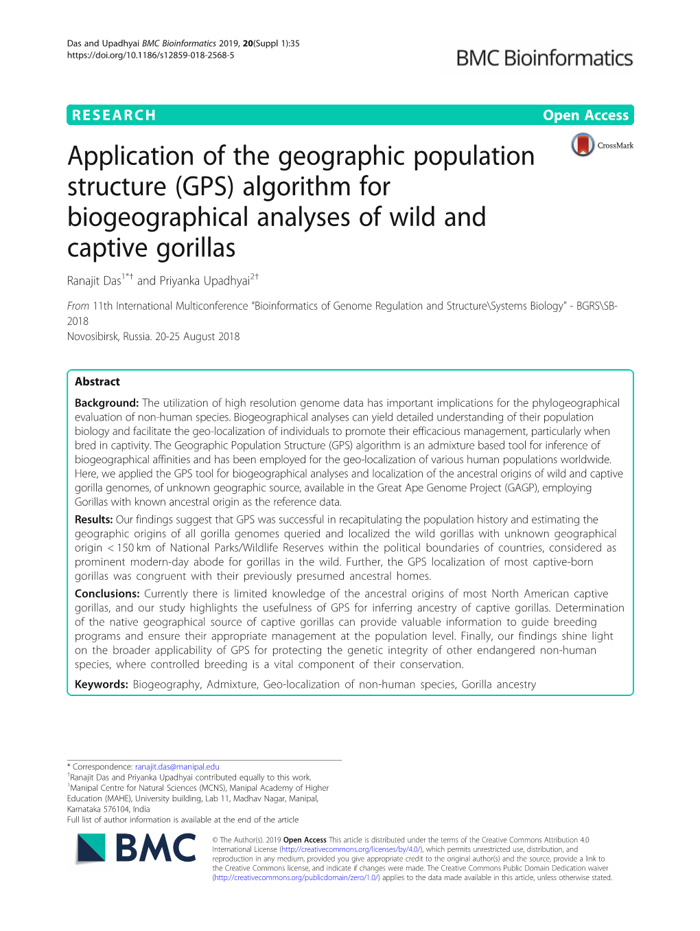 Application of the Geographic Population Structure (GPS) Algorithm for Biogeographical Analyses of Wild and Captive Gorillas Ranajit Das1*† and Priyanka Upadhyai2†