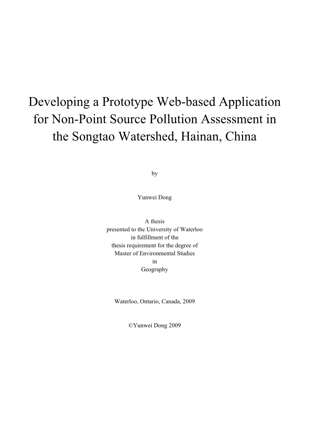 Developing a Prototype Web-Based Application for Non-Point Source Pollution Assessment in the Songtao Watershed, Hainan, China