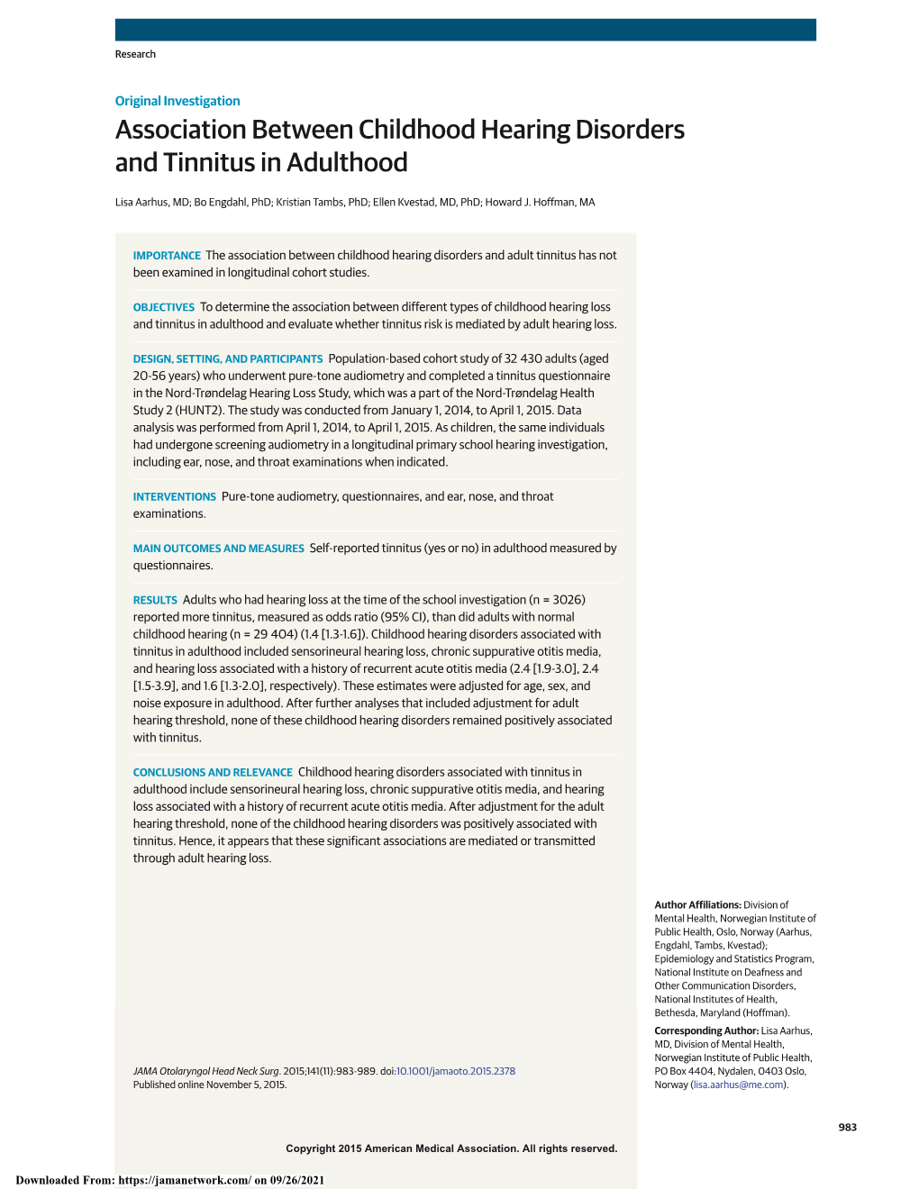 Association Between Childhood Hearing Disorders and Tinnitus in Adulthood