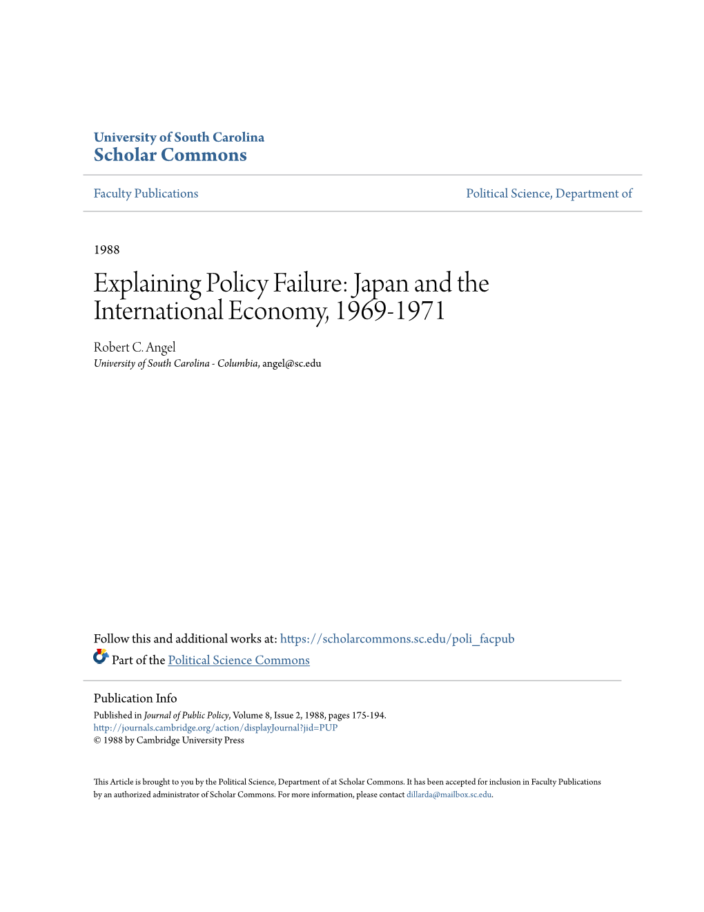 Explaining Policy Failure: Japan and the International Economy, 1969-1971 Robert C